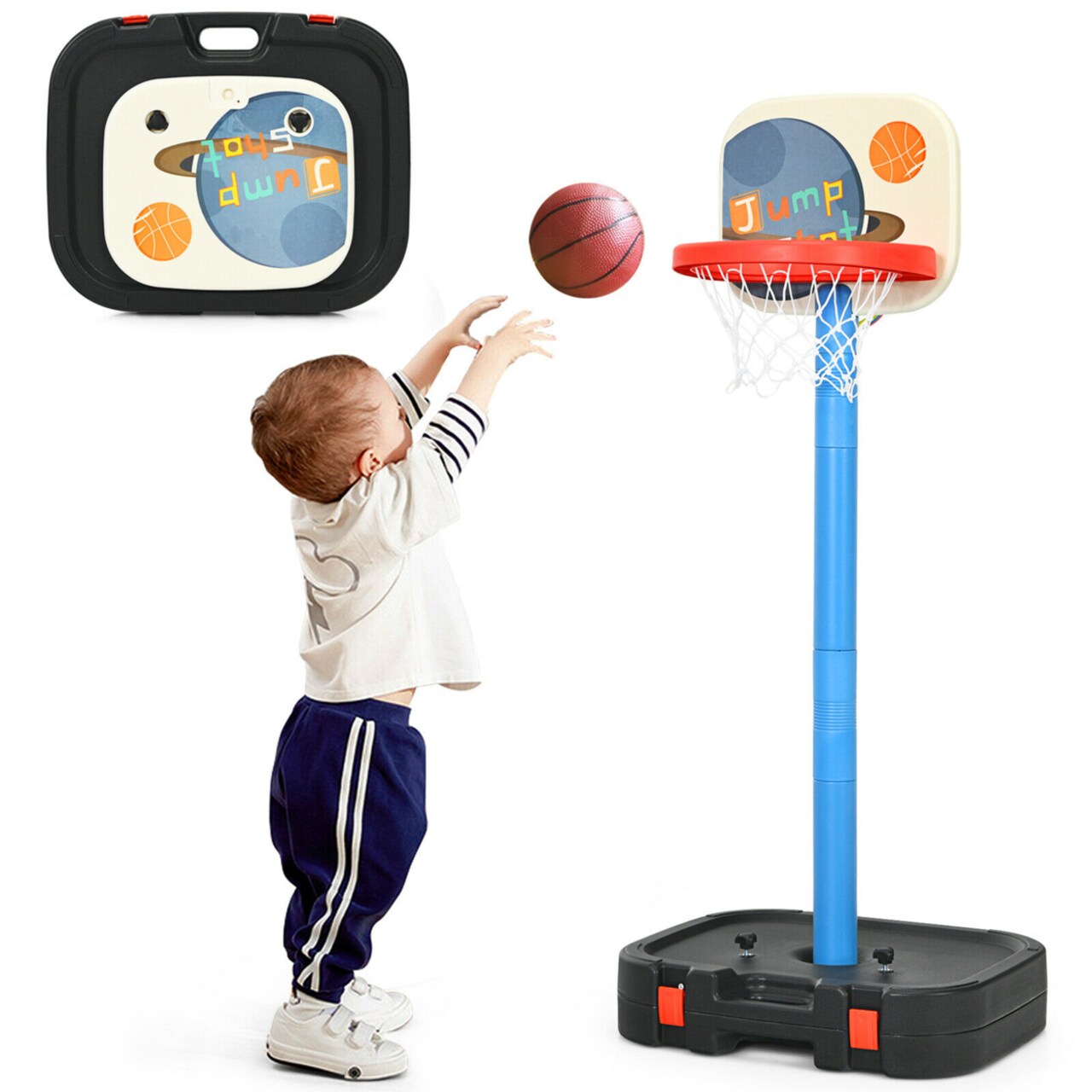Portable 2 In 1 Kids Basketball Hoop Stand W/ Ring Toss And Storage Box